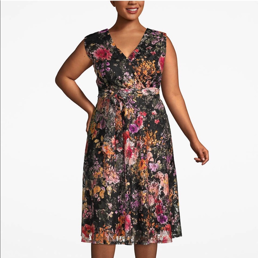 NEVER WORN Printed lace fit & flare faux-wrap dres